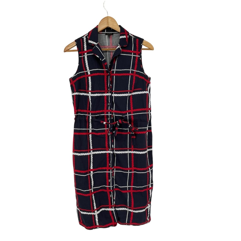 Talbots‎ Nautical Equestrian Plaid Shirt Dress Tie Waist Red White Blue Size 6